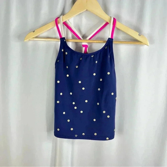 Boden Girl's Polka Dot Tankini Top 8-9 yr Blue Gold - Picture 2 of 5